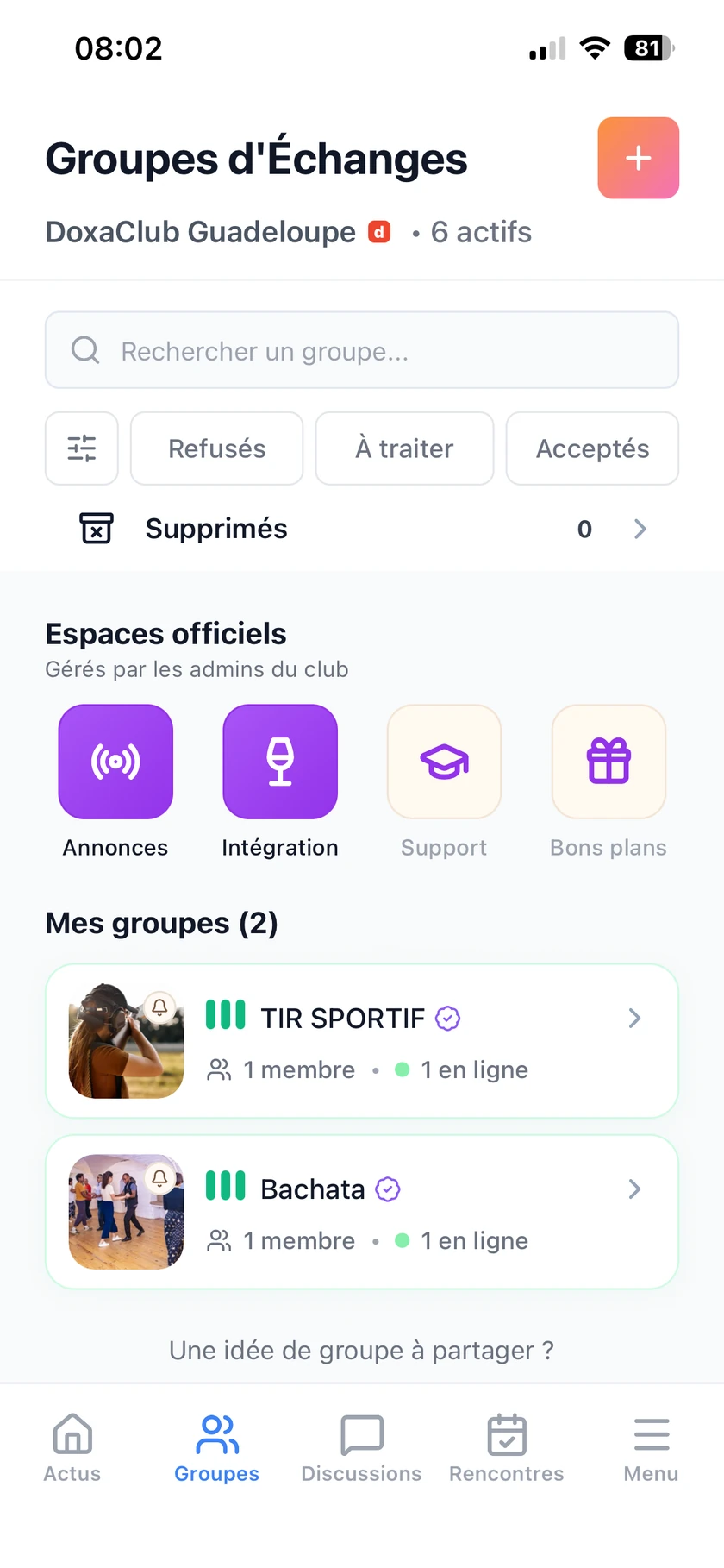 Écran Groupes d’Échanges de l’application DoxaClub