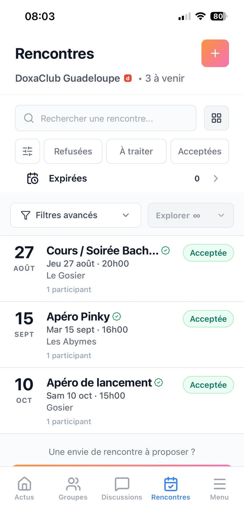 Rencontres à venir dans l’application DoxaClub
